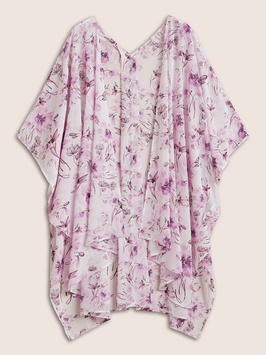 Floral Mesh Split Side Asymmetrical Hem Kimono