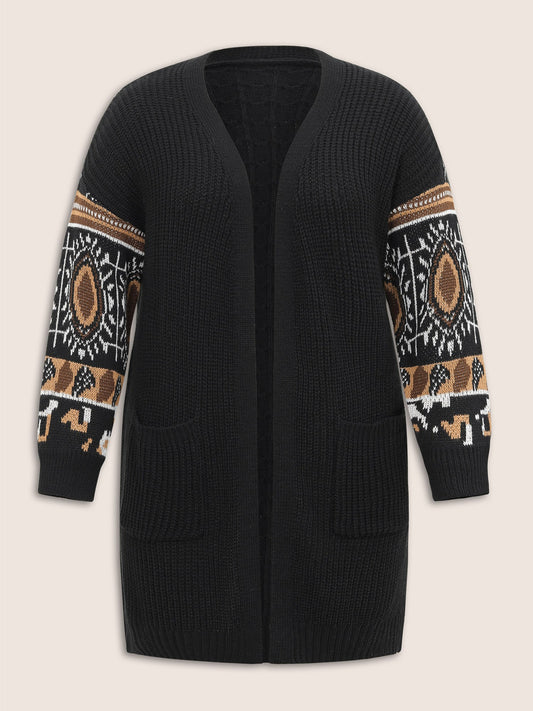 Geometric Jacquard Patchwork Split Hem Cardigan