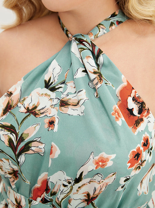 Floral Print Belted Ruffles Pocket Knotted Back Halter Dress