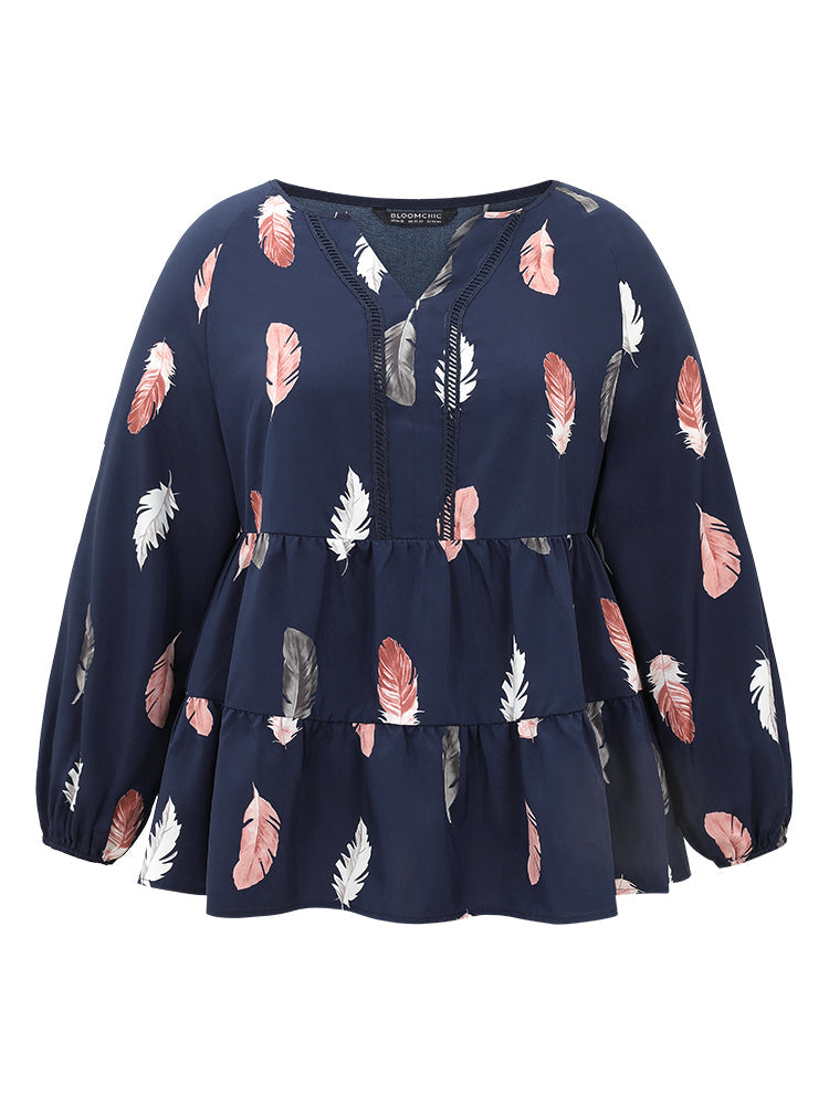 Feather Print Notched Tiered Ruffle Hem Blouse