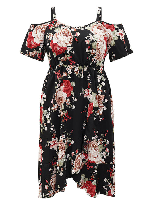 Floral Print Pocket Asymmetrical Hem Cold Shoulder Dress