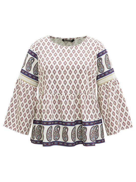 Boho Print Patchwork Lace Crew Neck Flutter Sleeve Blouse