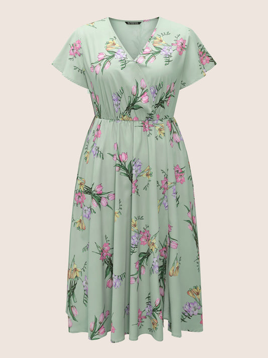 Floral Print Wrap Elastic Waist Split Hem Dress