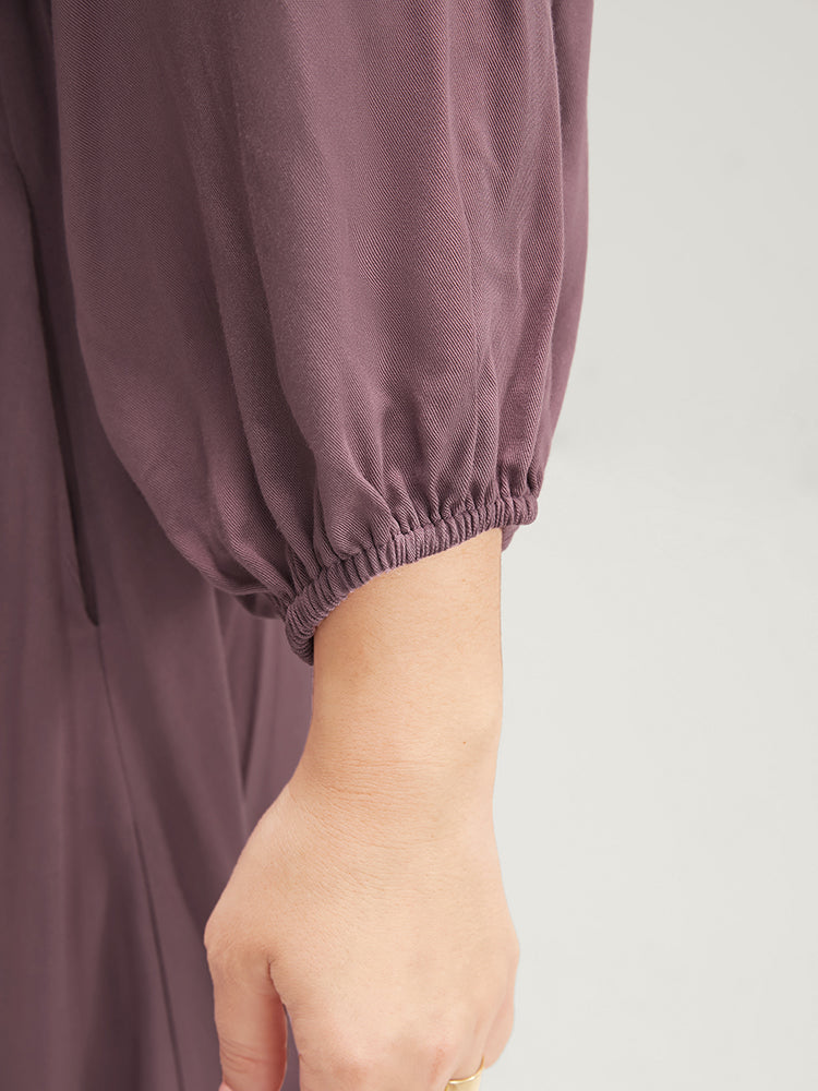 Plain Pocket Button Up Lantern Sleeve Drawstring Flutter Dress