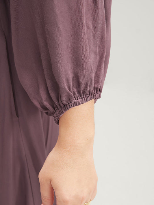 Plain Pocket Button Up Lantern Sleeve Drawstring Flutter Dress