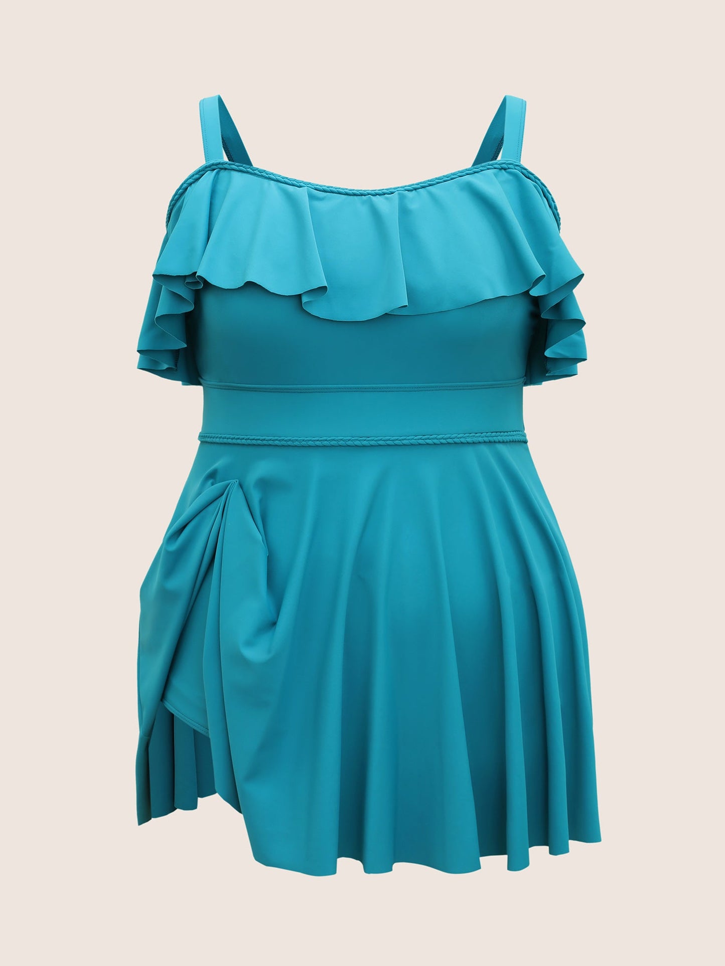 Solid Ruffles Trim Adjustable Straps Swim Dress