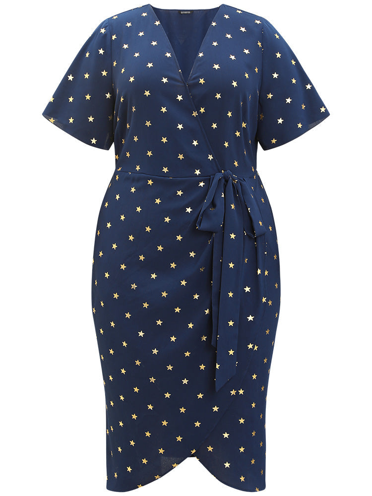 Star Wrap Ties Pocket Ruffle Sleeve Dress