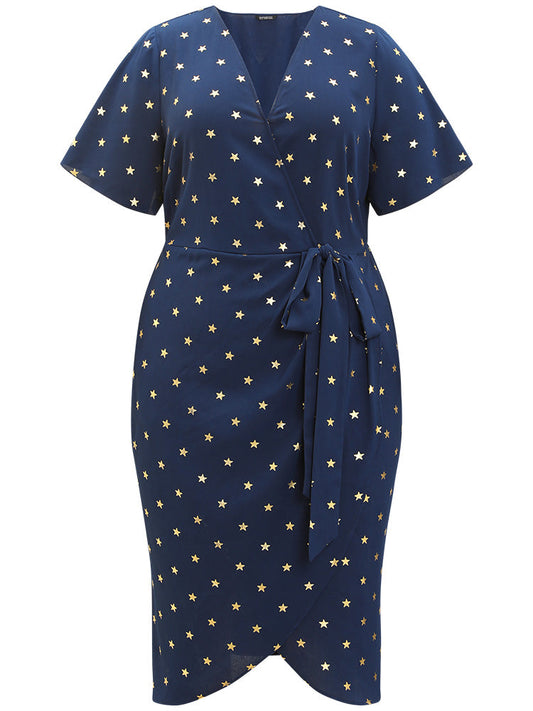 Star Wrap Ties Pocket Ruffle Sleeve Dress