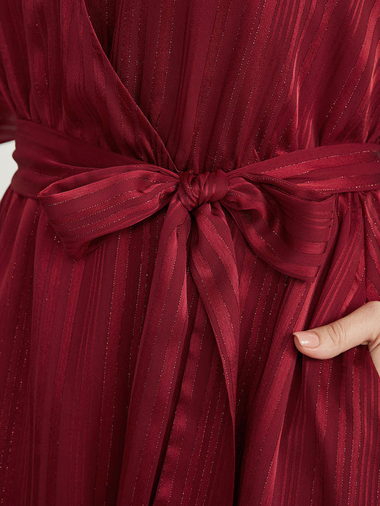 Glitter Striped Surplice Neck Pocket Belted Asymmetrical Hem Dress