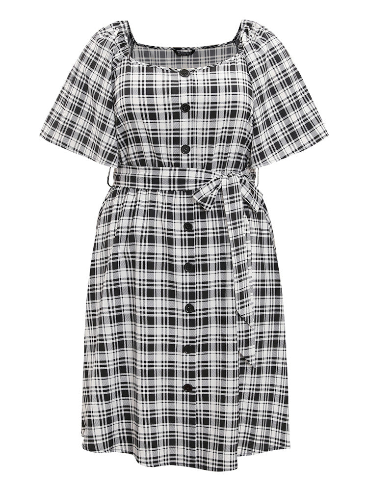 Plaid Belted Pocket Button Detail Square Neck Dress