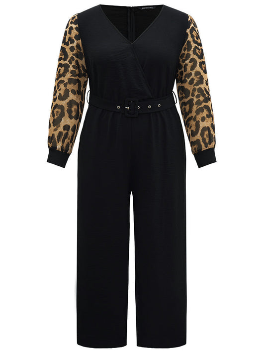 Leopard Patchwork Wrap Buckle Detail Belted Jumpsuit