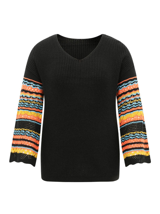 Contrast Striped Hollow Out Bell Sleeve Pullover