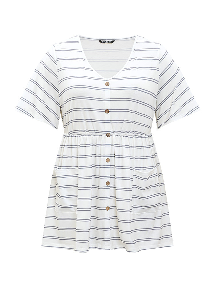 Striped Patched Pocket Button Detail Elastic Waist T-shirt