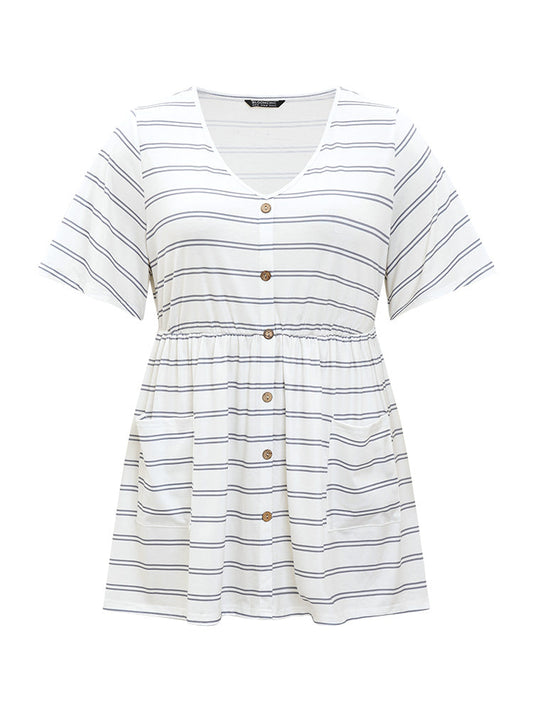 Striped Patched Pocket Button Detail Elastic Waist T-shirt