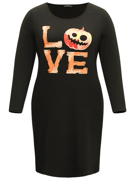Halloween Pumpkin & Letter Print Pocket Lace Panel Dress