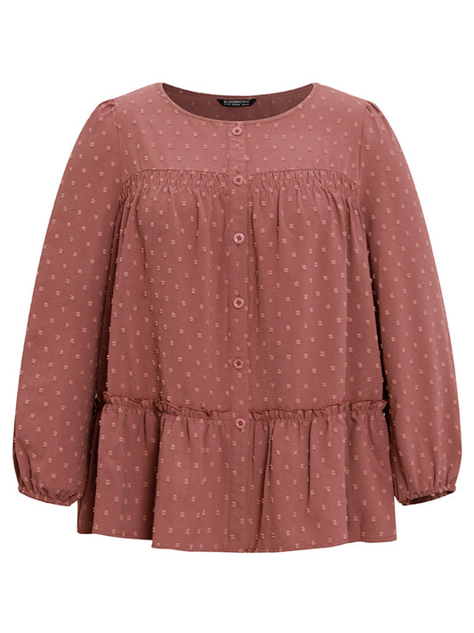 Textured Lantern Sleeve Gathered Frill Trim Blouse