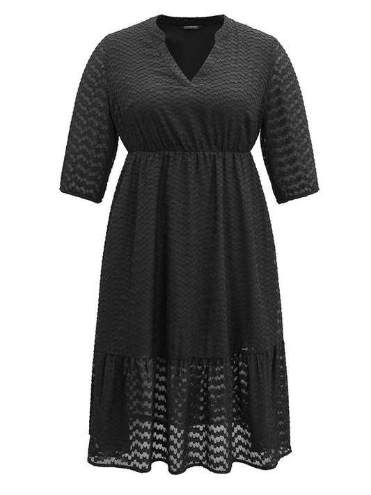 Solid Textured Notched Elastic Waist Chiffon Dress