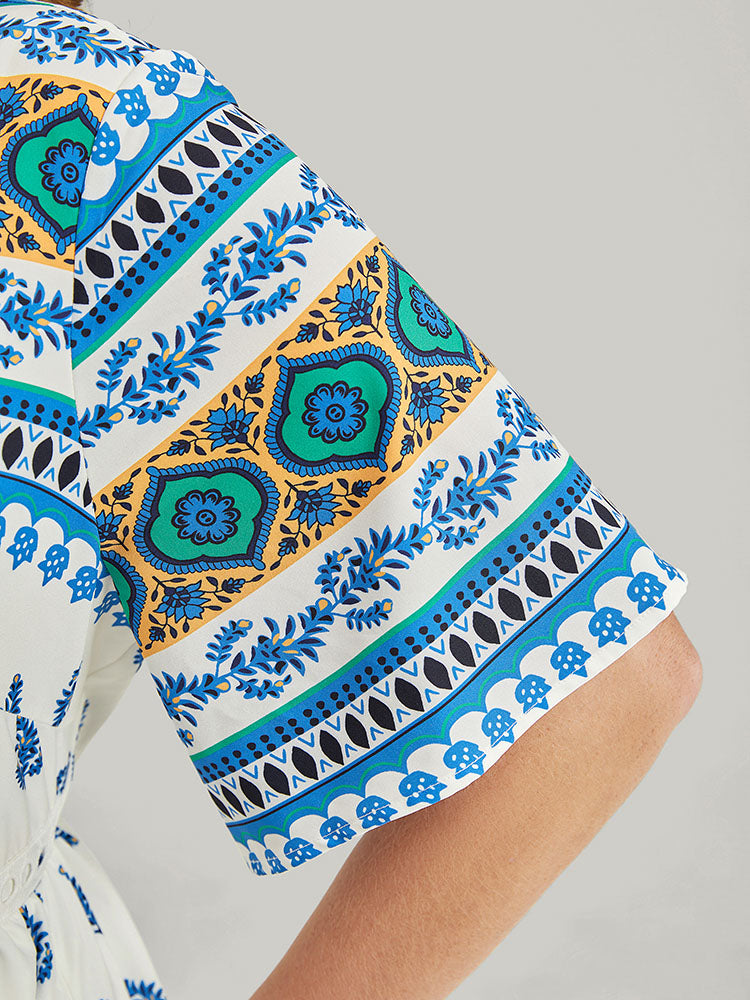 Bandana Print V Neck Pocket Contrast Lace Dress