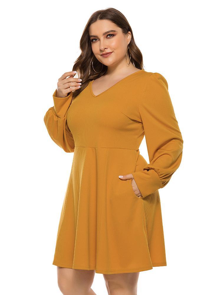 V-neck Lantern Sleeve Solid Color Dress