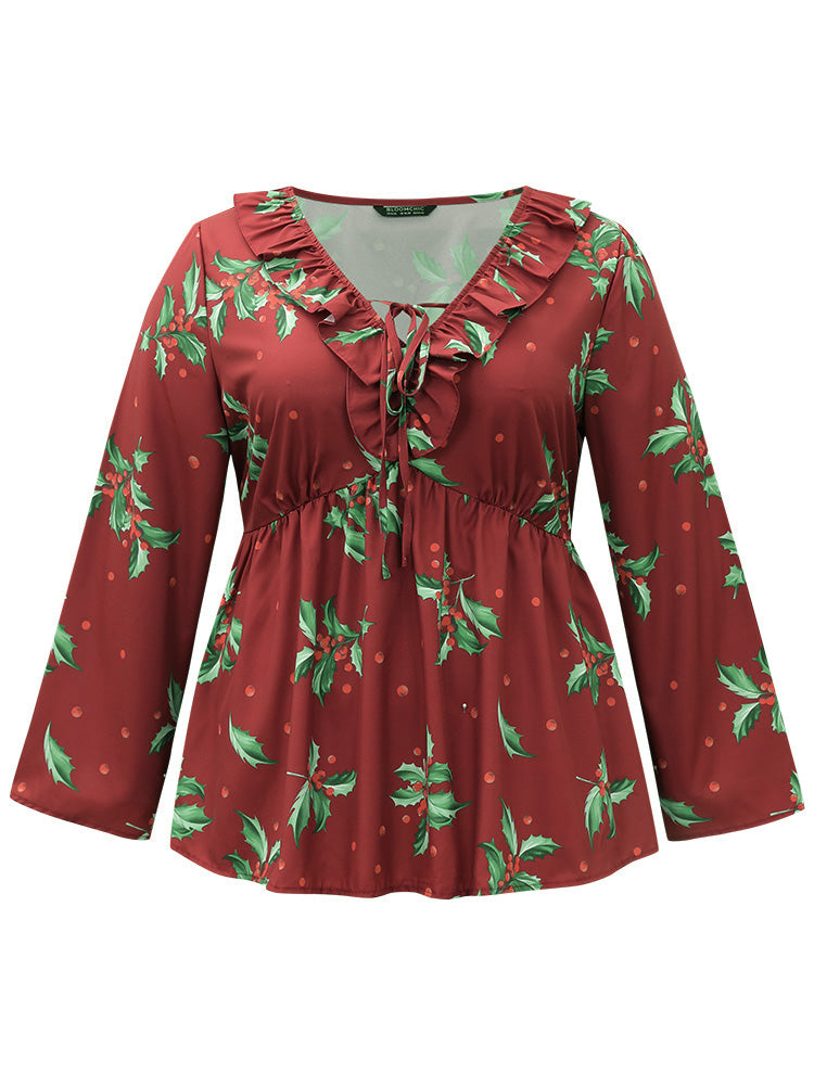 Plants Print Knot Neck Flutter Trim Blouse
