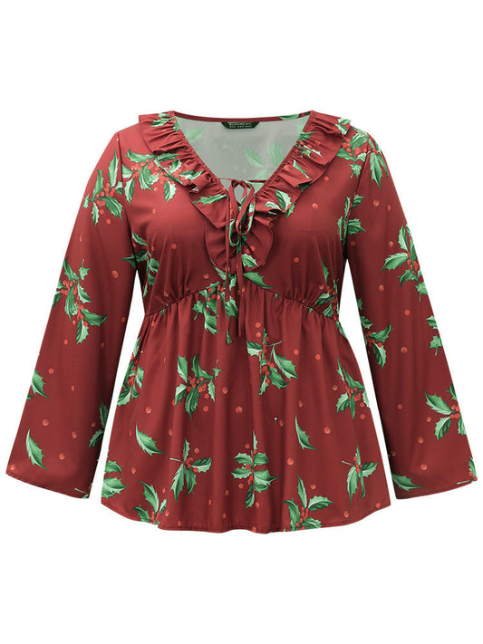Plants Print Knot Neck Flutter Trim Blouse