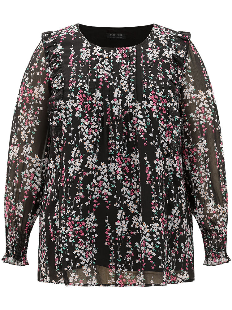 Ditsy Floral Chiffon Ruffles Shirred Pleated Mesh Blouse