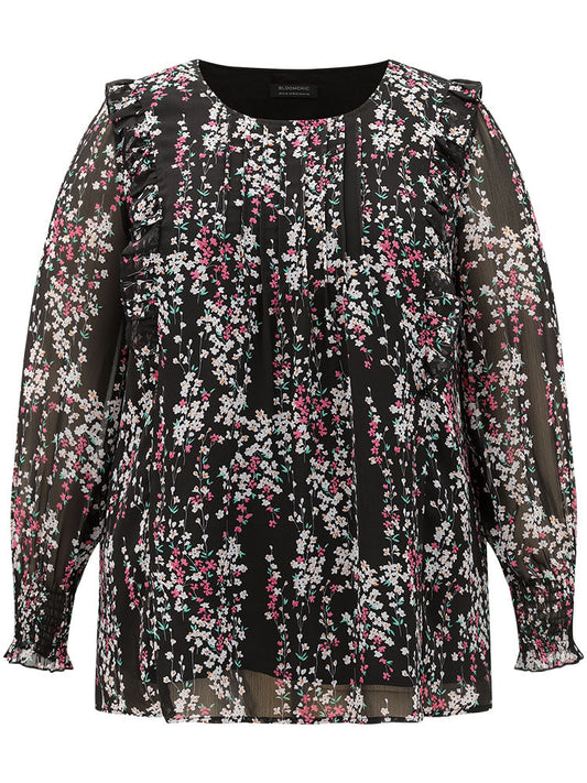 Ditsy Floral Chiffon Ruffles Shirred Pleated Mesh Blouse