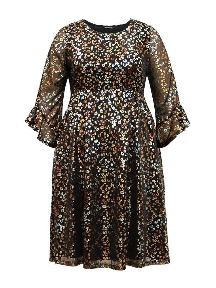 Leopard Glitter Bell Sleeve Mesh Dress