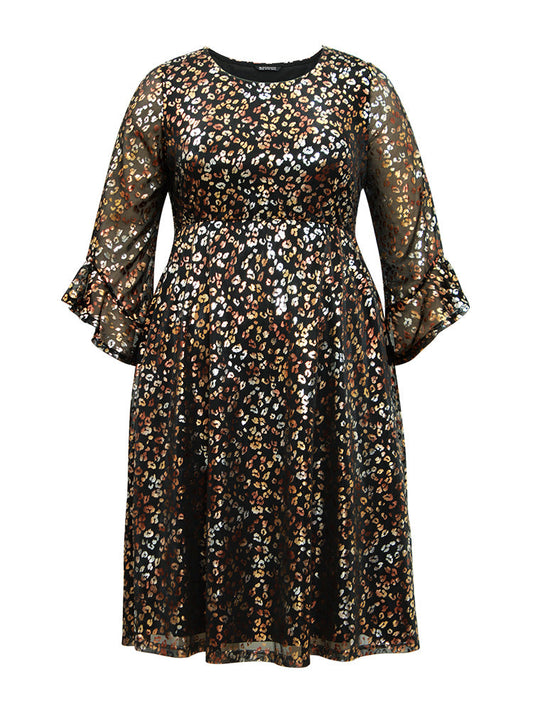 Leopard Glitter Bell Sleeve Mesh Dress