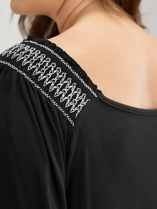 Solid Contrast Shirred Ruffle Sleeve T-shirt