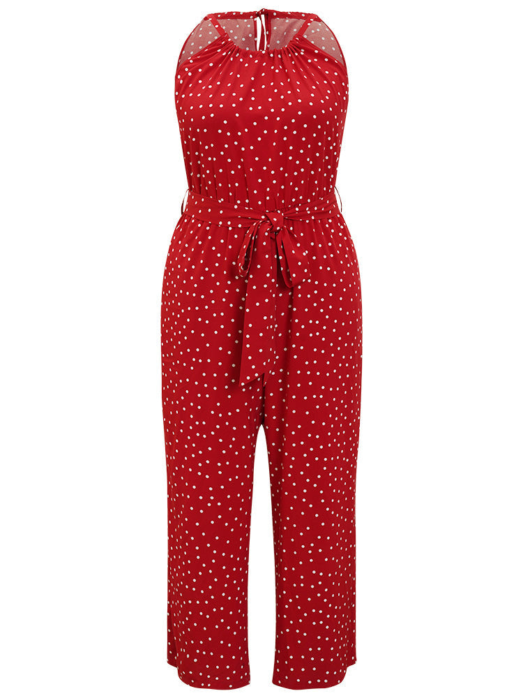 Polka Dot Pocket Belt Halter Neck Jumpsuit