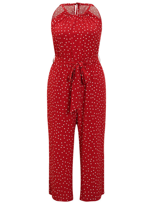 Polka Dot Pocket Belt Halter Neck Jumpsuit