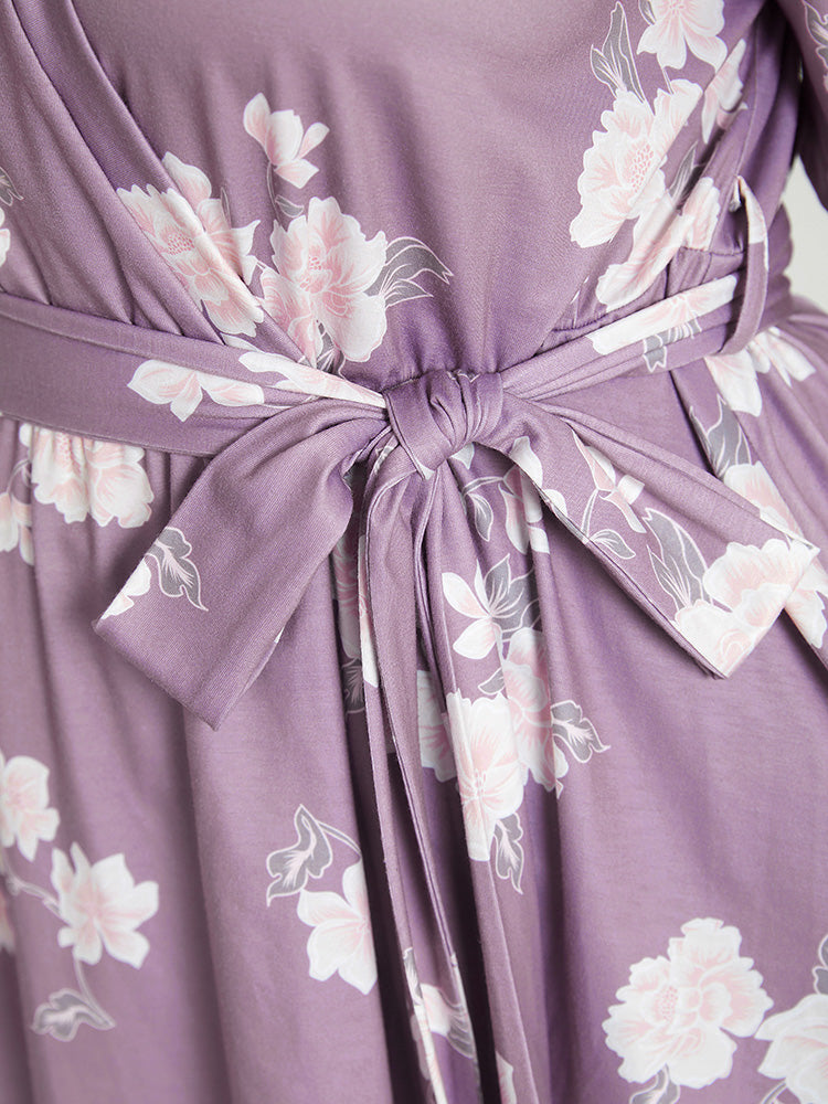 Floral Ruffle Hem Wrap Belted T-shirt