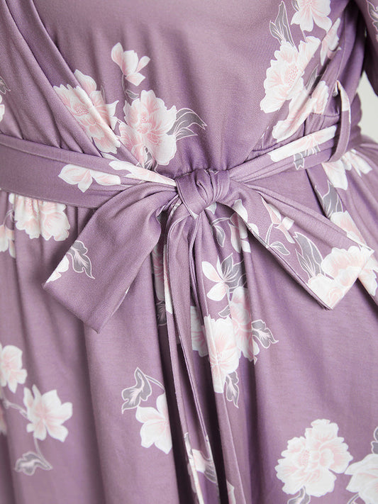 Floral Ruffle Hem Wrap Belted T-shirt