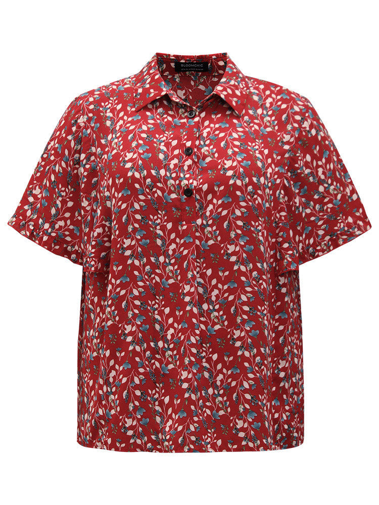 Ditsy Floral Shirt Collar Button Through Ruffle Sleeve Blouse