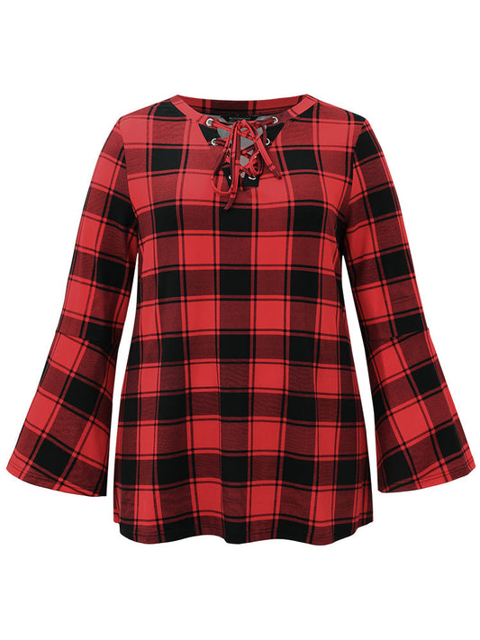 Plaid Lace Up Tie Neck Bell Sleeve T-shirt