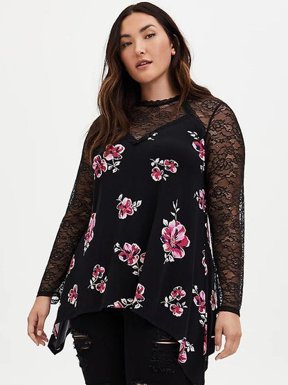 Lace Patchwork Floral Printed Blouse