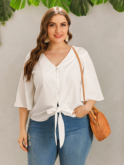 Solid Button Through Tie Front Blouse