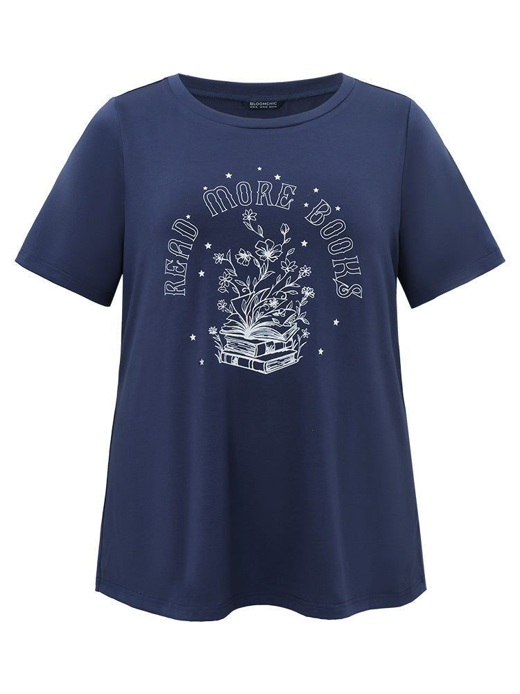 Letter & Plants Print Round Neck T-shirt