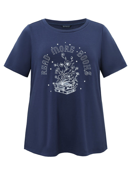 Letter & Plants Print Round Neck T-shirt