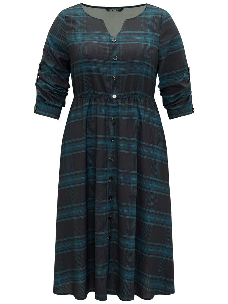 Plaid Button Detail Notched Tab Sleeve Dress
