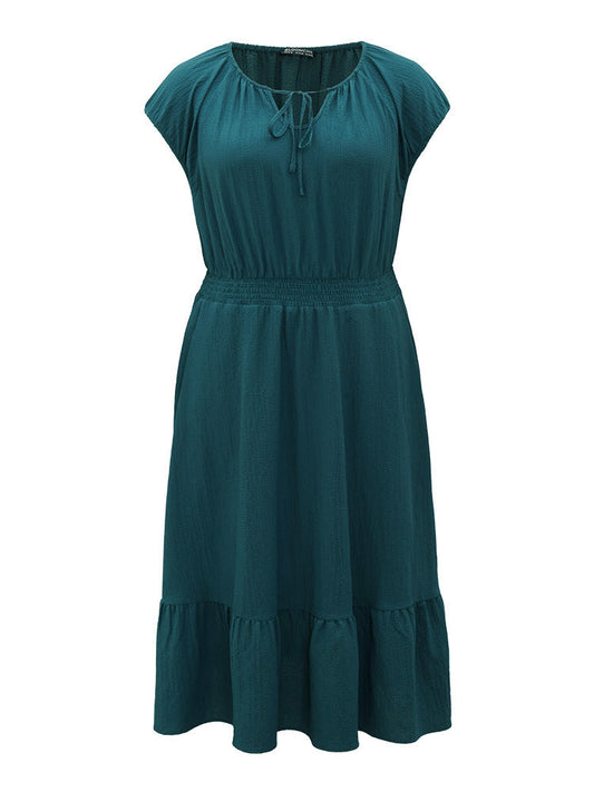 Plain Shirred Tie Neck Pocket Ruffle Hem Dress