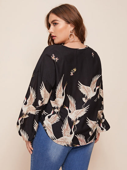 Swan Print Tie Neck Curved Hem Top