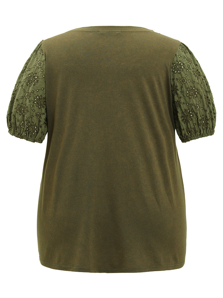 Solid Patchwork Broderie Anglaise Puff Sleeve Vintage T-shirt