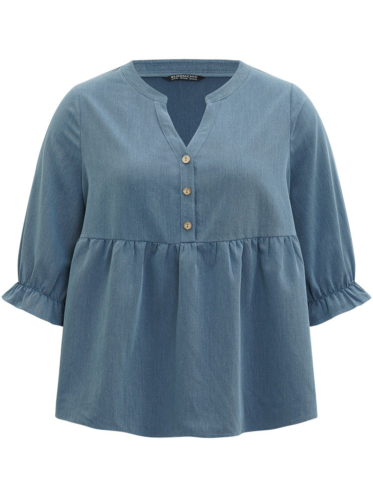 Print Button Up Notched Lantern Sleeve Gathered Blouse