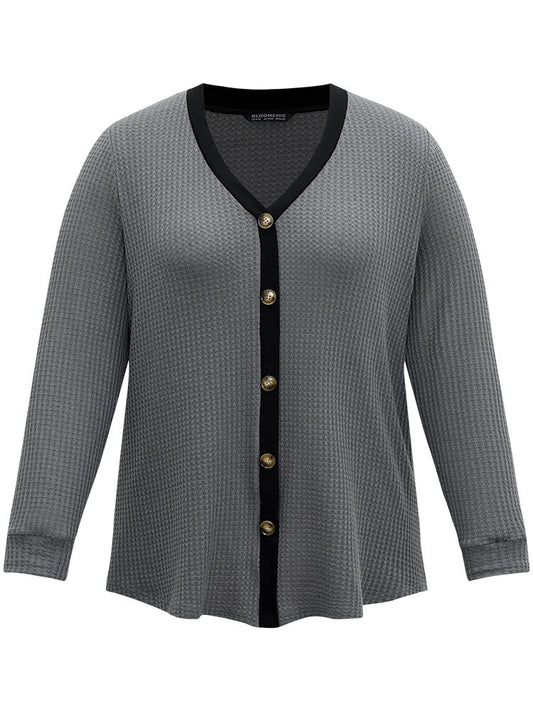 Waffle Knit Button Detail Contrast Trim T-shirt