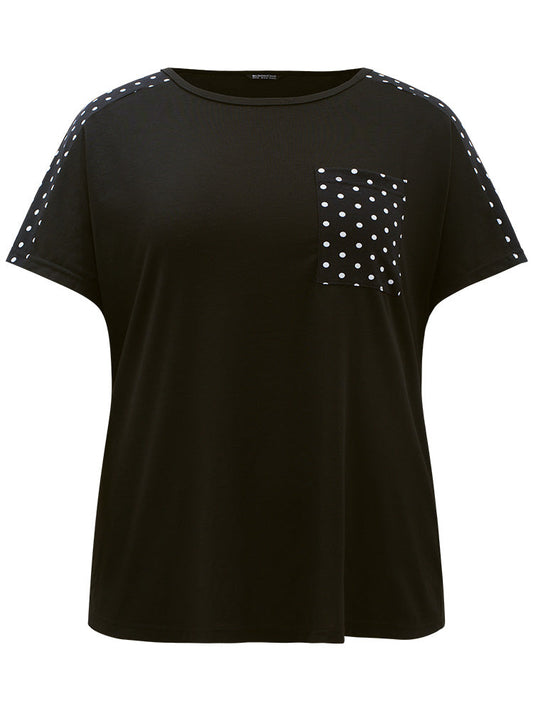 Polka Dot Patched Pocket Round Neck Batwing Sleeve T-shirt