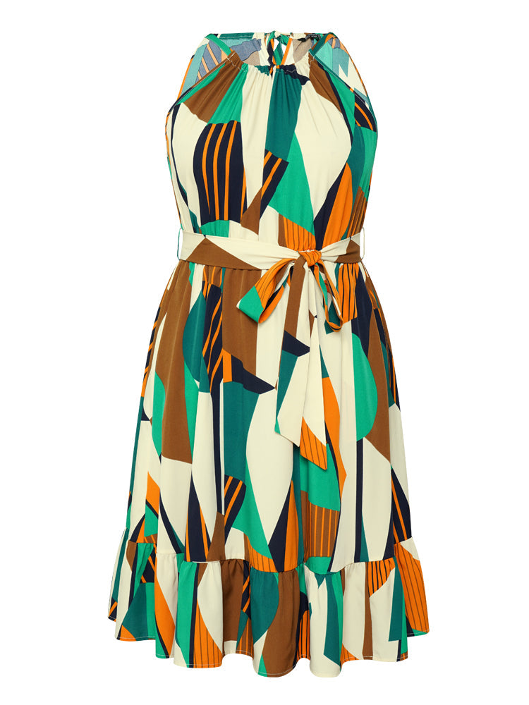 Geometric Contrast Keyhole Knot Pocket Belt Halter Dress