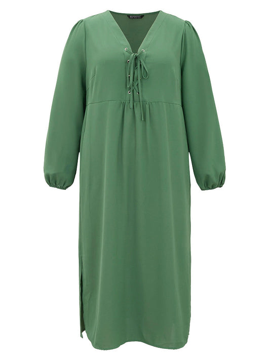 Plain Lace Up Split Hem Lantern Sleeve Dress
