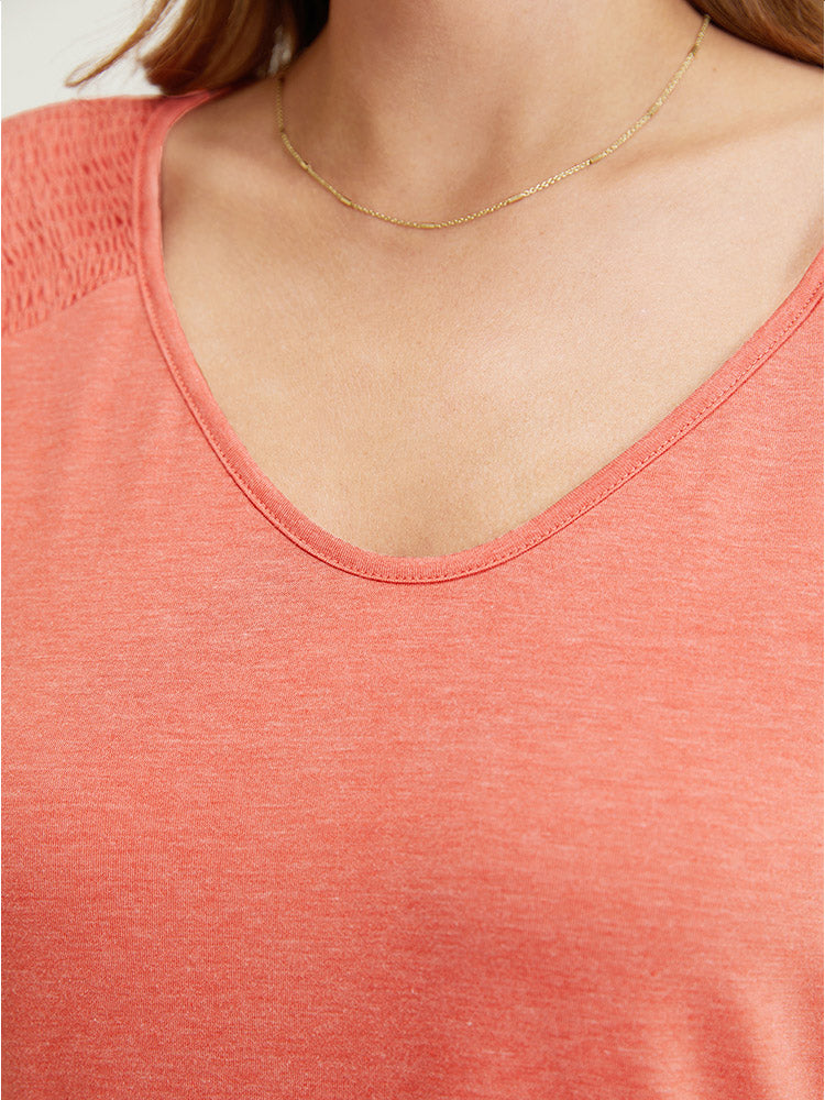 Solid Ruffle Tiered Shirred V Neck T-shirt